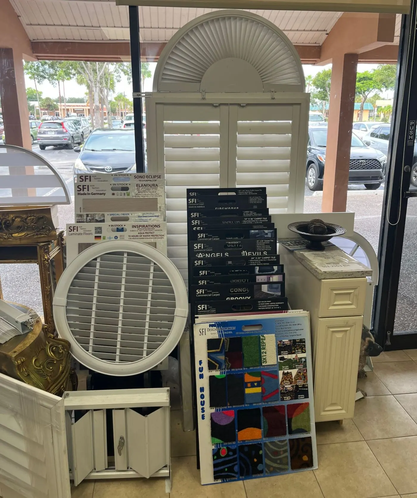 Accordion and plantation shutter samples in the showroom