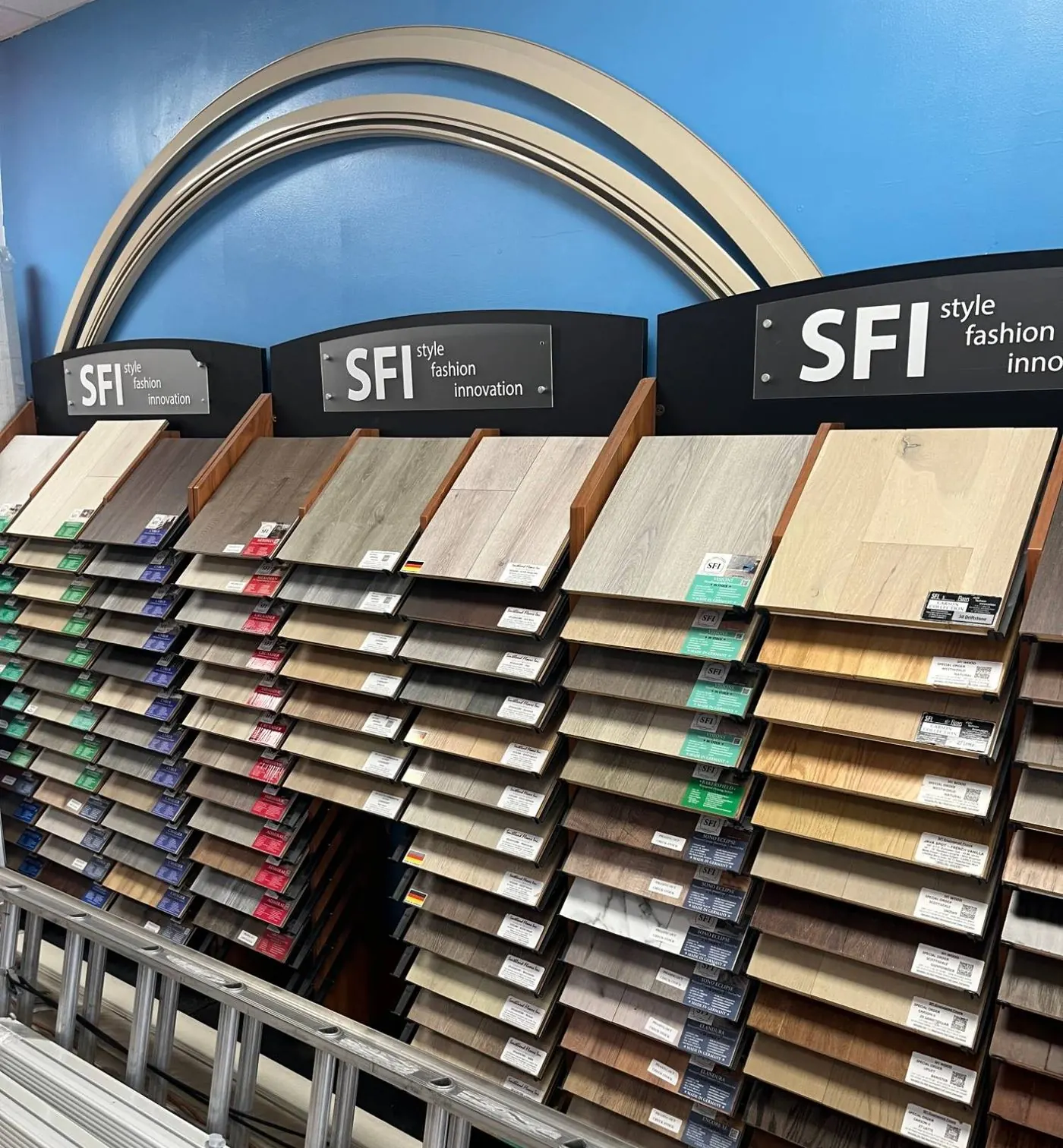 Wall of flooring samples in the Angelo's showroom