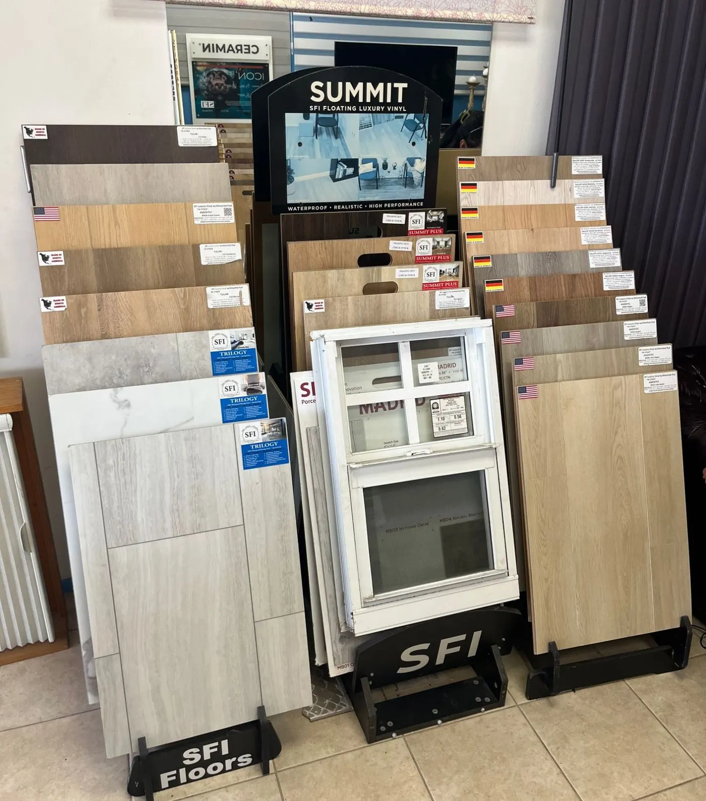 Luxury vinyl and laminate flooring samples in the showroom