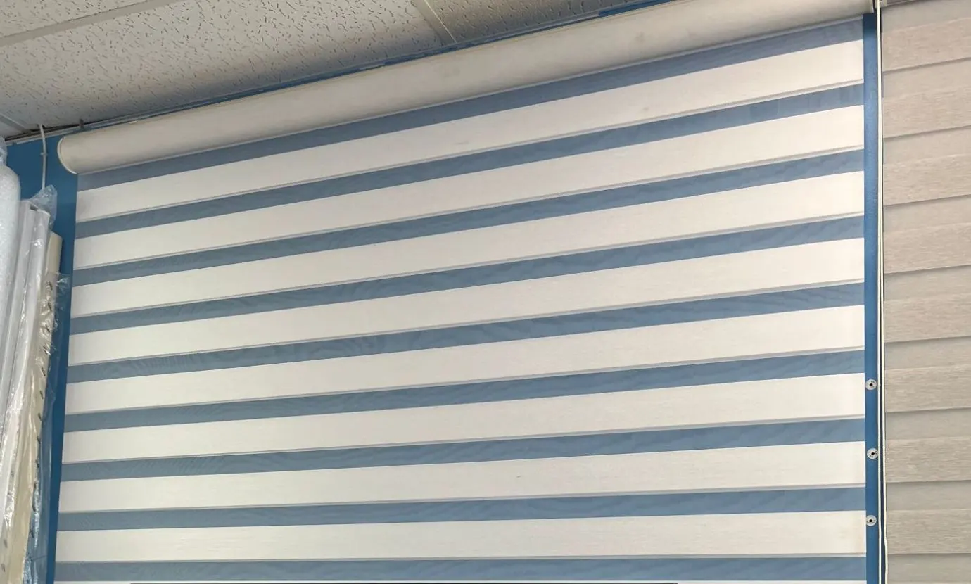 Blue and white zebra shade in the Angelo's showroom