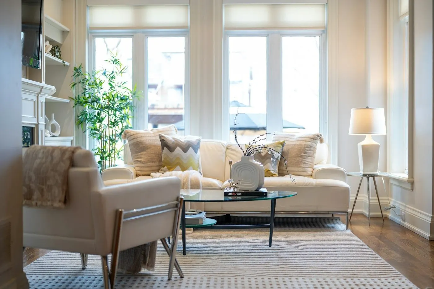 Bright living room with full-length draperies